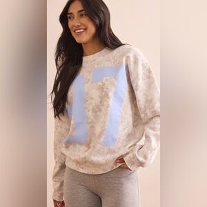 Altar'd State 87 Oversized Camo Pullover Beige and Light Blue Number Sweatshirt